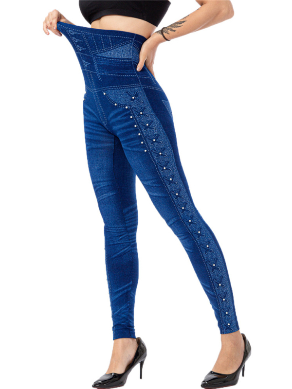 High waist beaded leggings stretch slim cropped pants-chiquechics