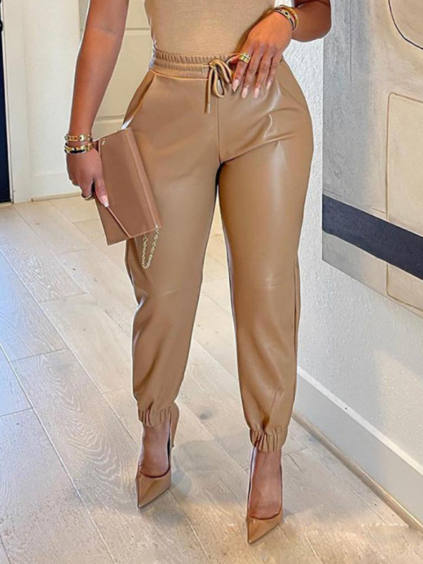 Women's Solid Color Drawstring Pocket Leggings Leather Pants-chiquechics