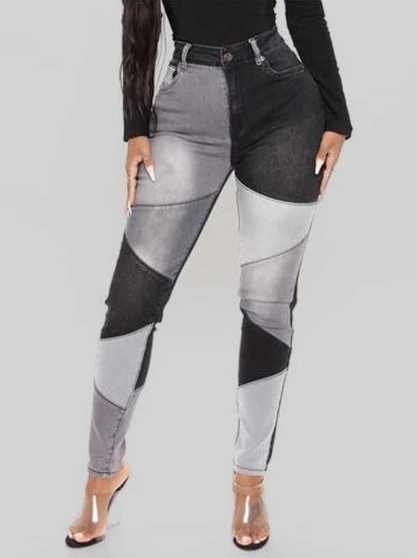 Women's Two-color Stitching Street Wash High Waist Skinny Jeans-chiquechics
