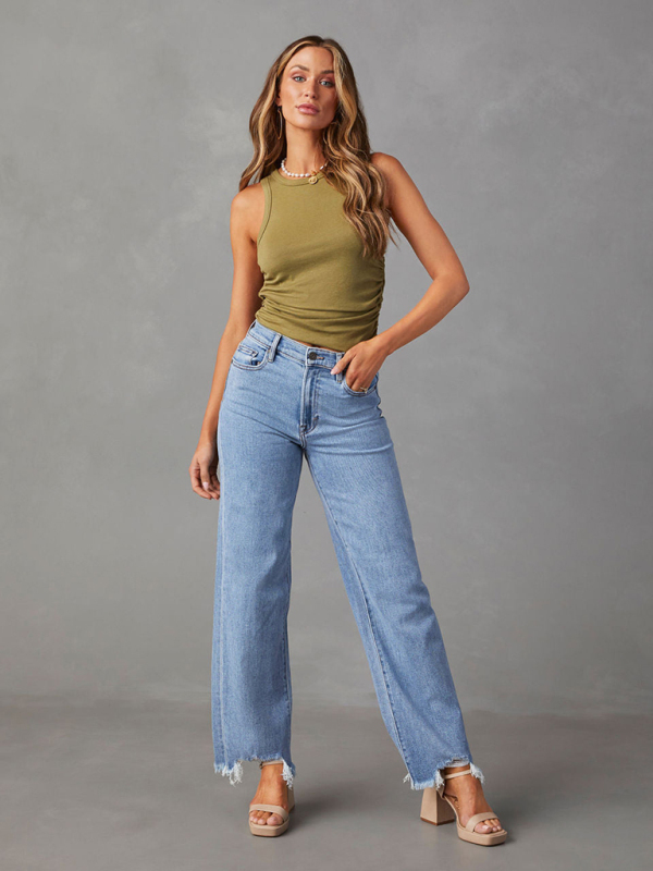 Ladies Loose Casual Fashion Simple Tassel Straight Jeans-chiquechics