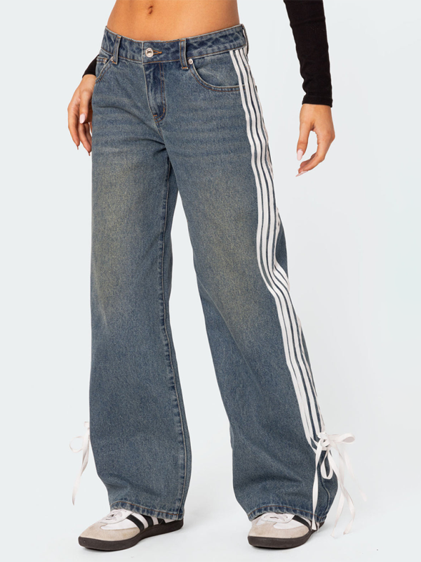 Fashion loose side drawstring wide-leg women's jeans-chiquechics